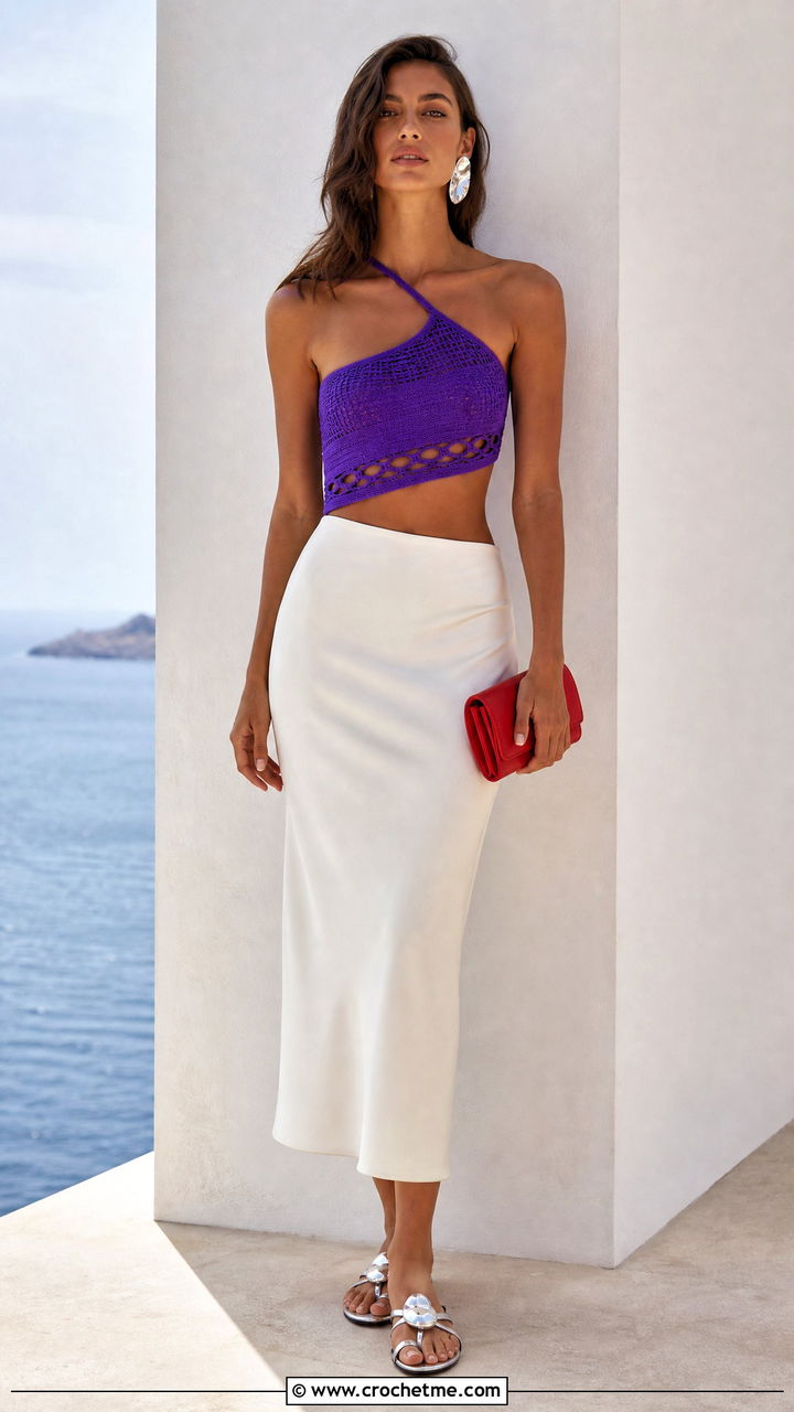 Asymmetrical Beach Crochet Top With Column Skirt - 35 Beach Crochet Top outfit ideas