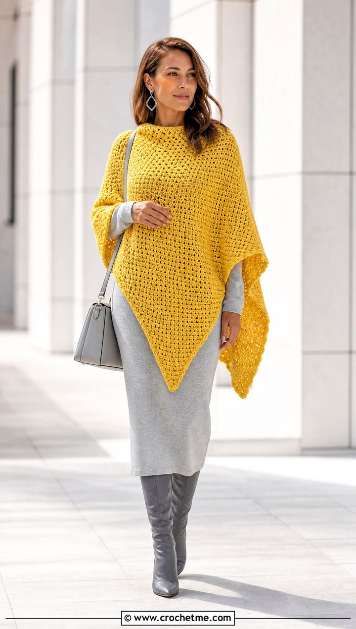 Asymmetrical Blanket Crochet Poncho With Column Dress - 15 Blanket Crochet Poncho outfit ideas