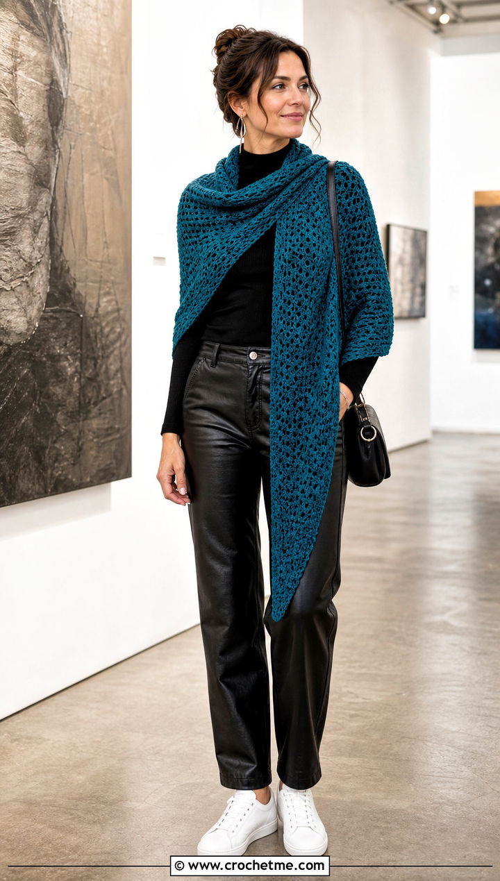 Asymmetrical Block Stitch Crochet Shawl With Leather Pants - 15 Block Stitch Crochet Shawl outfit ideas