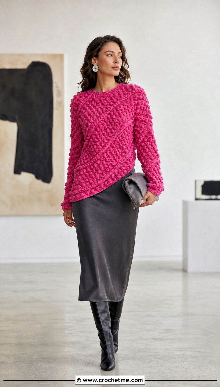 Asymmetrical Bobble Sweater With Column Skirt - 25 crochet bobble sweater outfit ideas