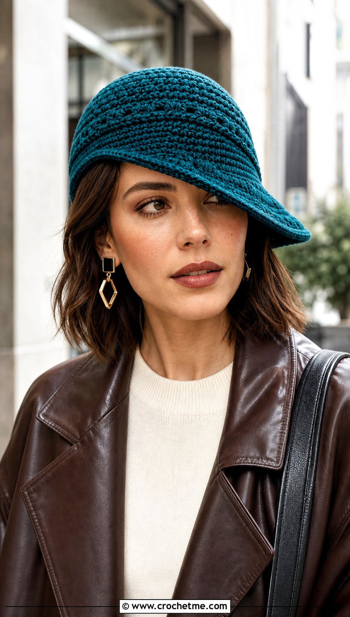 Asymmetrical Brim Crochet Flapper Hat With Leather Jacket - 30 crochet flapper hat outfit ideas