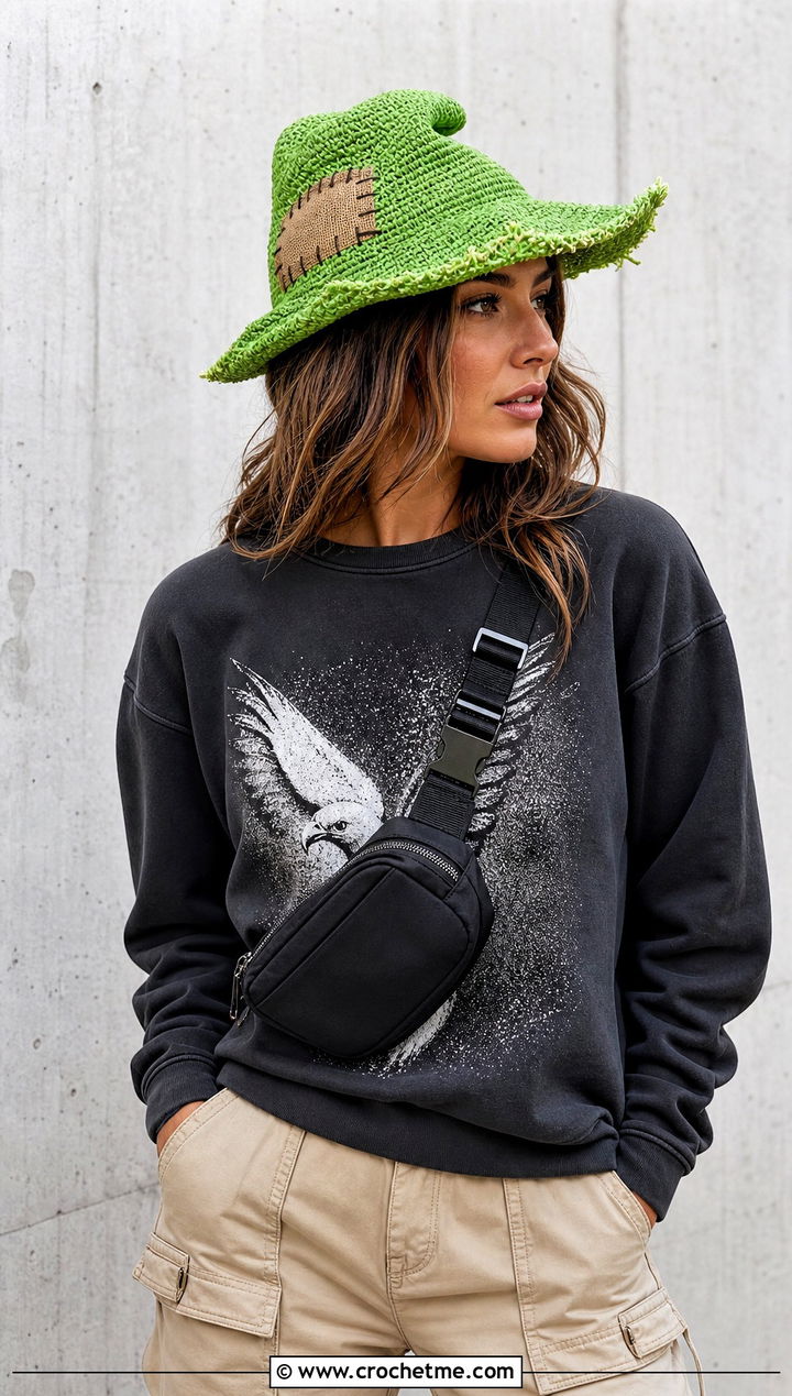 Asymmetrical Brim Crochet Scarecrow Hat With Sweatshirt And Cargos - 30 crochet scarecrow hat outfit ideas
