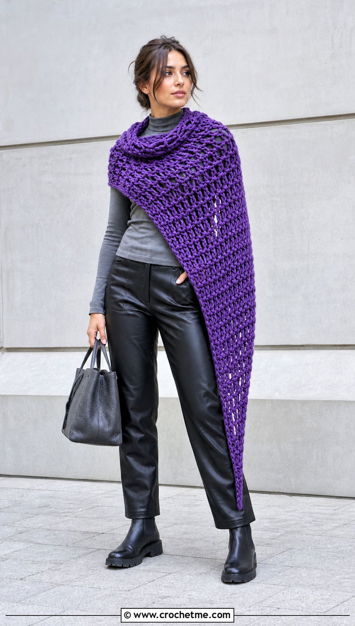 Asymmetrical Bulky Yarn Crochet Shawl With Leather Pants - 20 Bulky Yarn Crochet Shawl outfit ideas