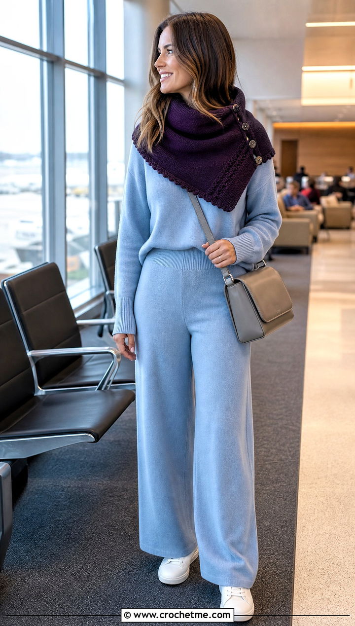 Asymmetrical Button Cowl With Knit Set And Sneakers - 15 Crochet Cowl With Buttons outfit ideas