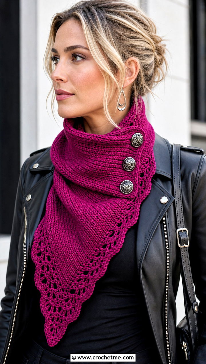 Asymmetrical Button Cowl With Moto Jacket - 25 crochet button cowl outfit ideas