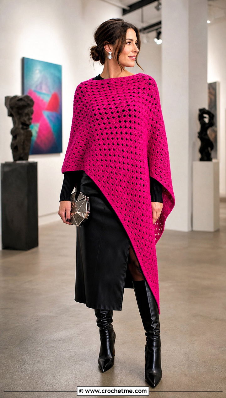 Asymmetrical C C Poncho With Leather Midi Skirt - 15 Crochet C2C Poncho outfit ideas