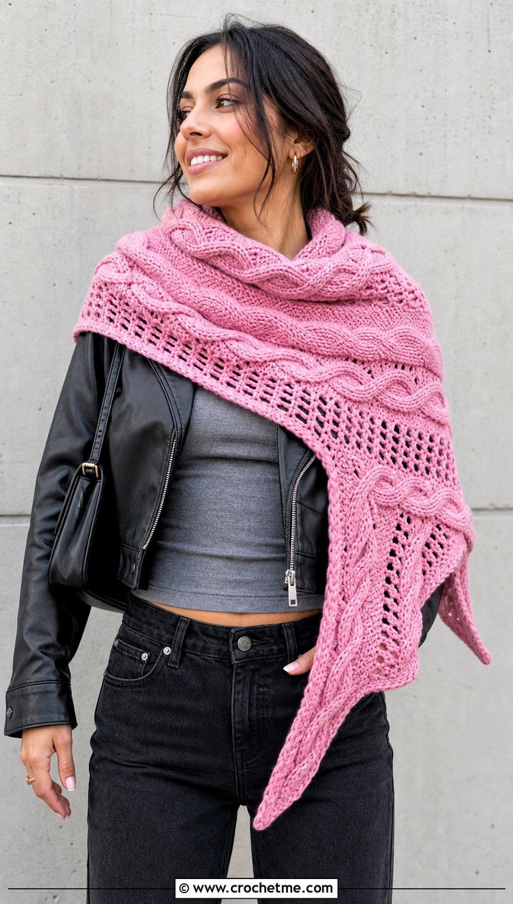 Asymmetrical Cable Shawl With Leather Jacket - 15 Crochet Cable Shawl outfit ideas