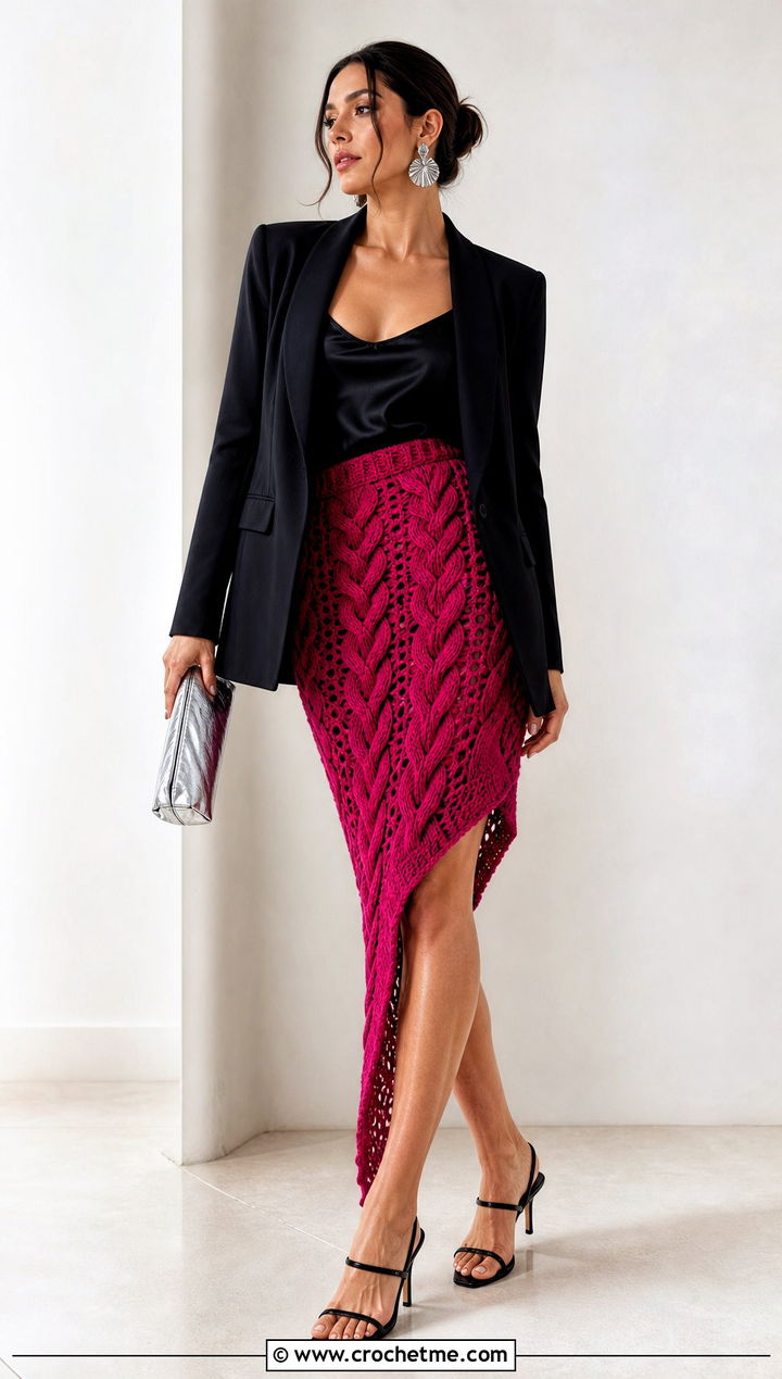 Asymmetrical Cable Skirt With Tailored Blazer - 15 crochet cable skirt outfit ideas