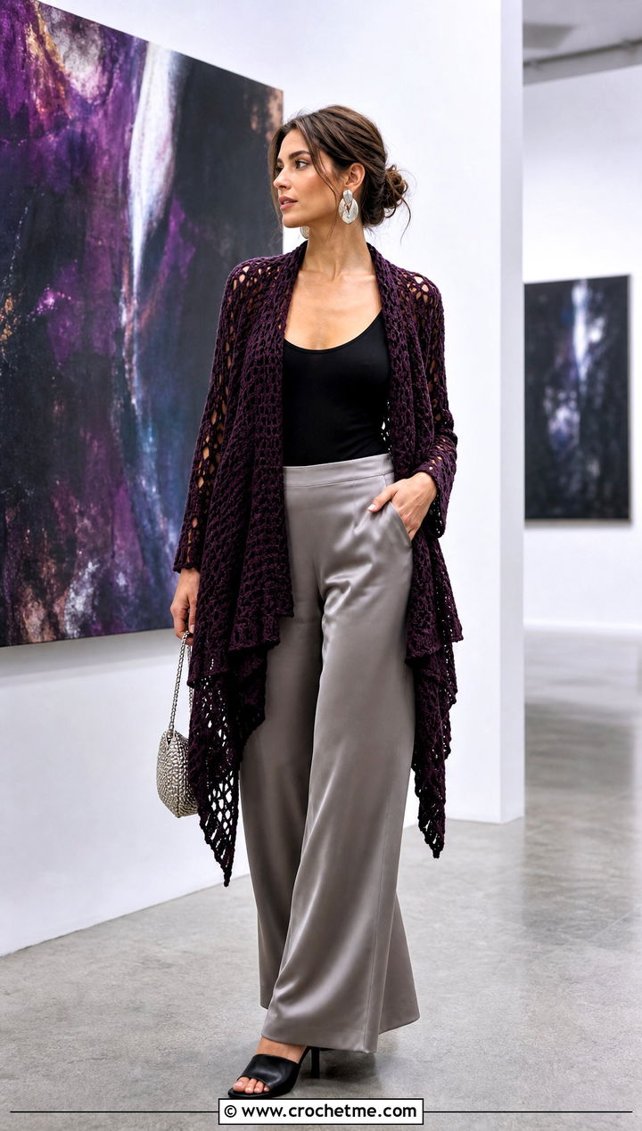 Asymmetrical Cascade Crochet Cardigan With Satin Wide Leg Pants - 15 cascade crochet cardigan outfit ideas