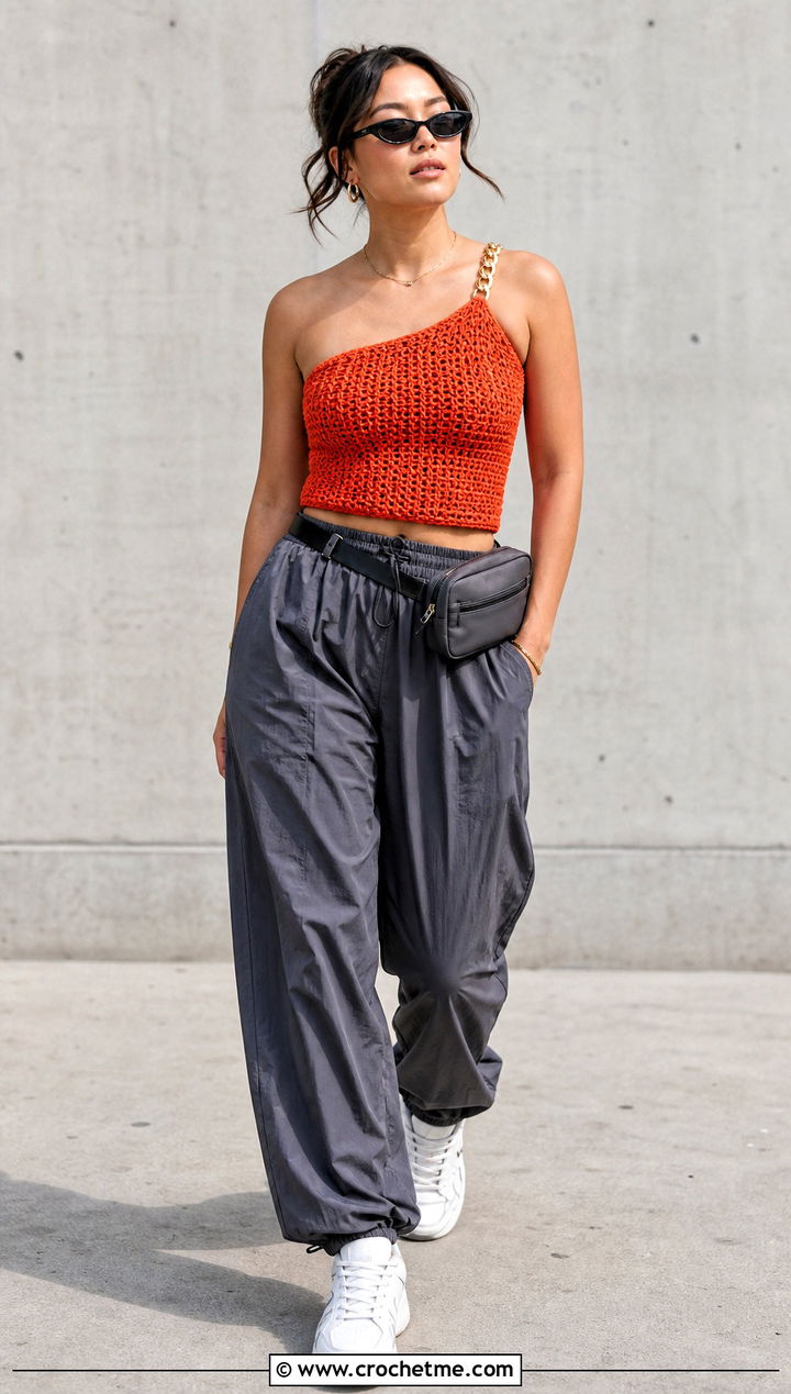 Asymmetrical Chain Strap Crochet Top With Parachute Pants - 20 Crochet Top With Chain outfit ideas