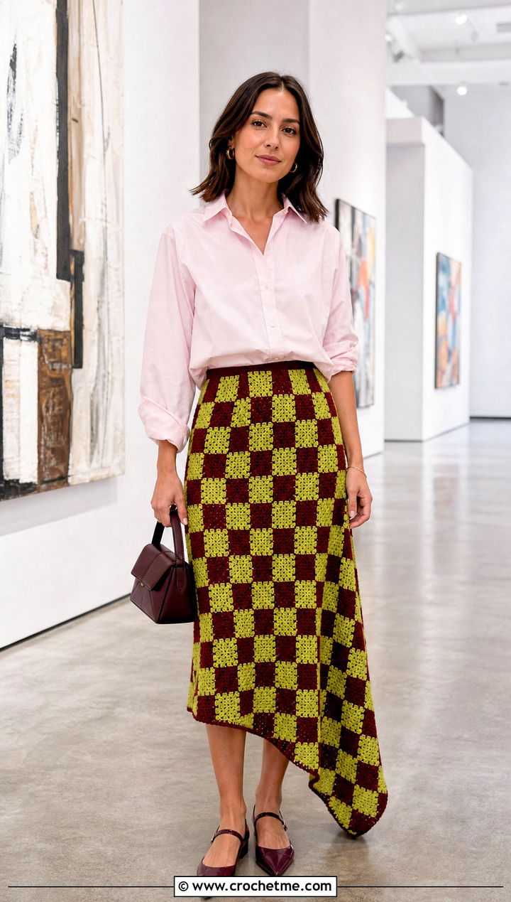 Asymmetrical Checkered Skirt With Crisp Poplin Shirt - 25 crochet checkered skirt outfit ideas
