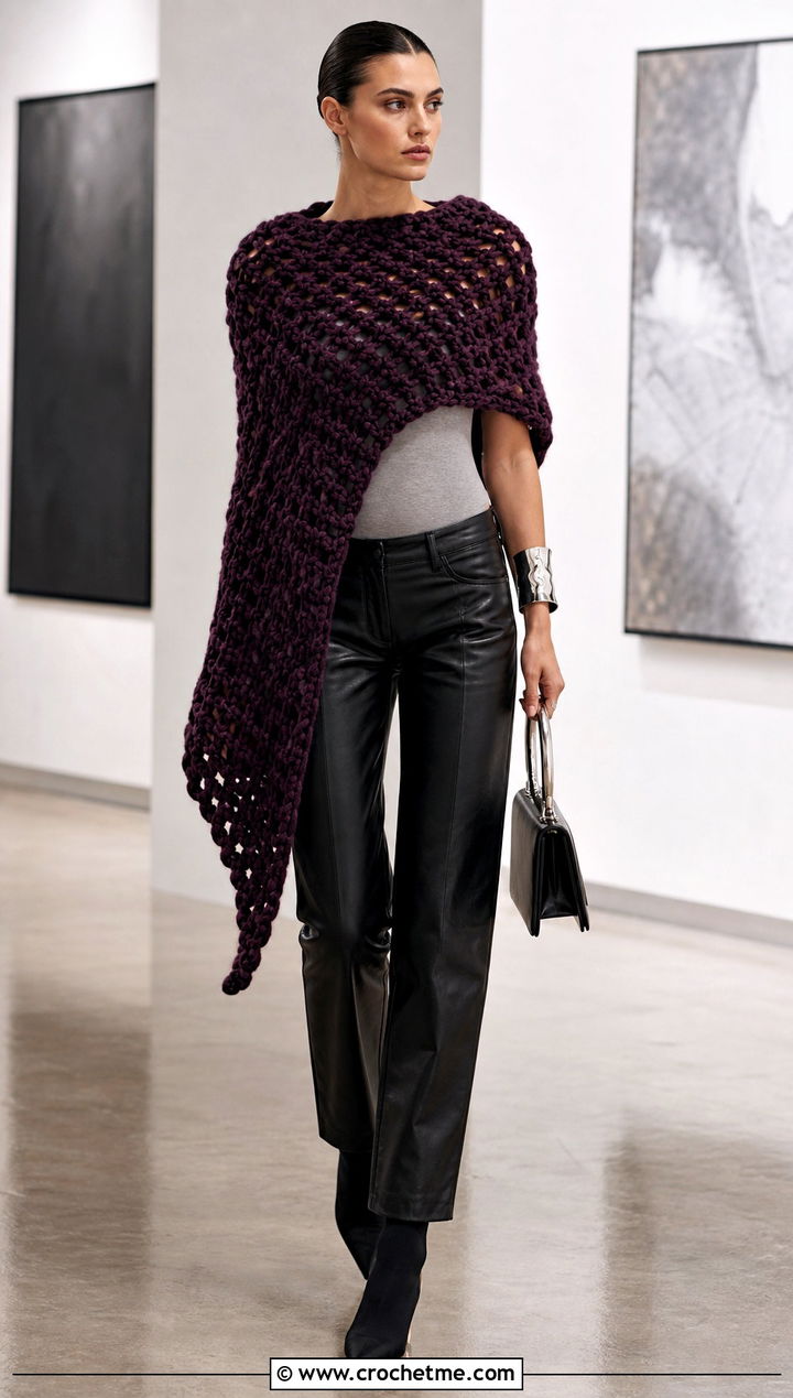 Asymmetrical Chunky Crochet Poncho With Leather Pants - 25 Chunky Crochet Poncho outfit ideas