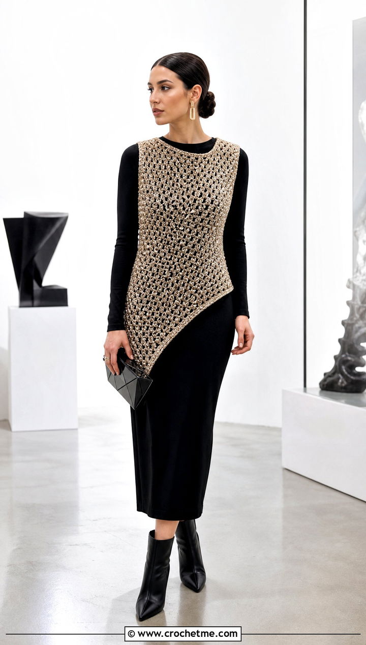Asymmetrical Chunky Crochet Vest With Black Midi Skirt - 25 Chunky Crochet Vest outfit ideas