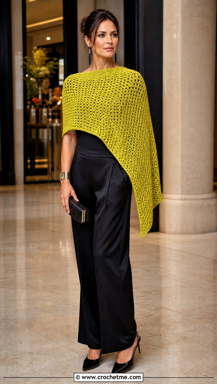 Asymmetrical Corner To Corner Crochet Poncho With Satin Pants - 15 Corner To Corner Crochet Poncho outfit ideas