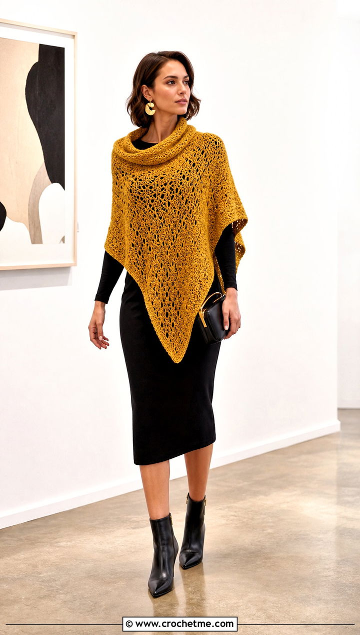 Asymmetrical Cowl Collar Crochet Poncho With Pencil Skirt - 25 Crochet Poncho With Collar outfit ideas