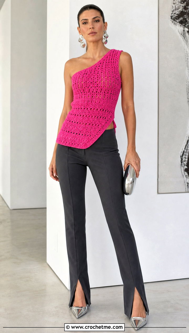 Asymmetrical Crochet Army Tank With Split Hem Pants - 30 crochet army tank outfit ideas