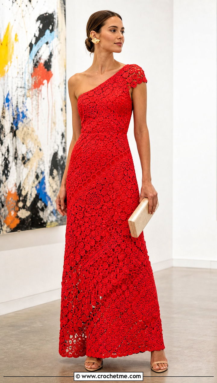 Asymmetrical Crochet Ball Gown With Ear Cuff - 30 crochet ball gown dress outfit ideas