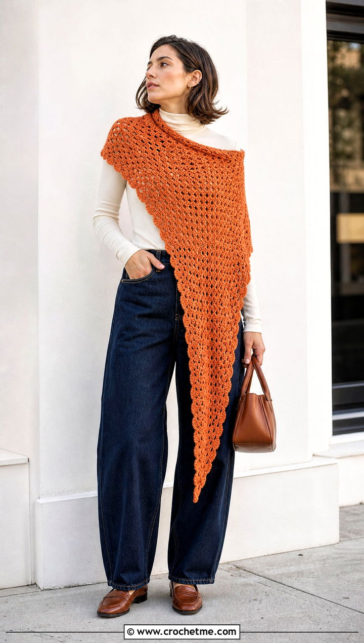 Asymmetrical Crochet Blanket Shawl With Barrel Jeans - 30 crochet blanket shawl outfit ideas
