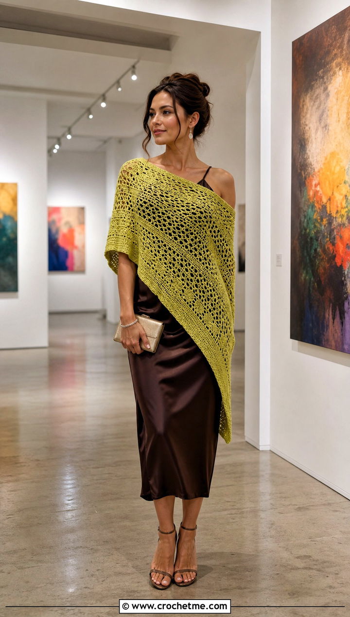Asymmetrical Crochet Blanket Shawl With Slip Dress - 15 Crochet Shawl Blanket outfit ideas