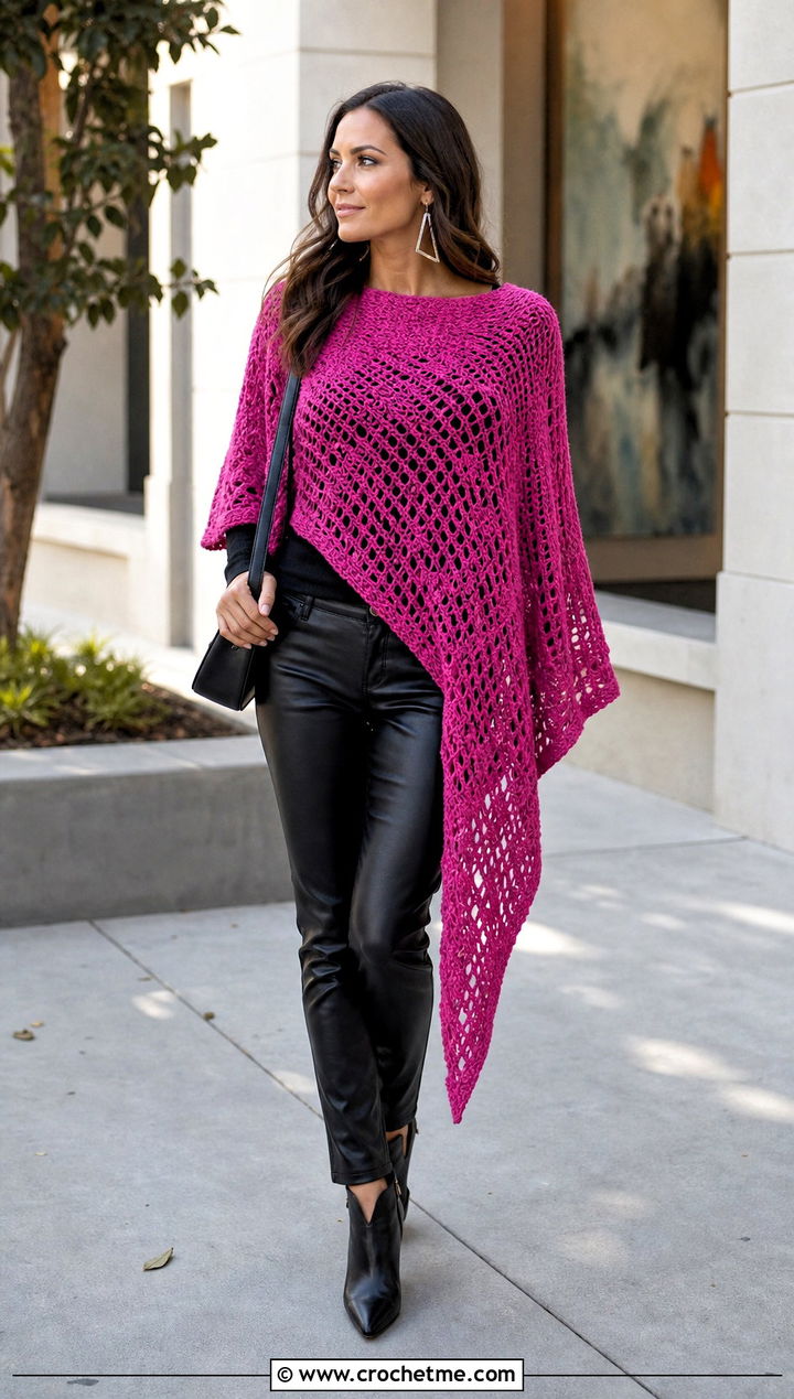 Asymmetrical Crochet Boho Poncho With Leather Pants - 30 crochet boho poncho outfit ideas