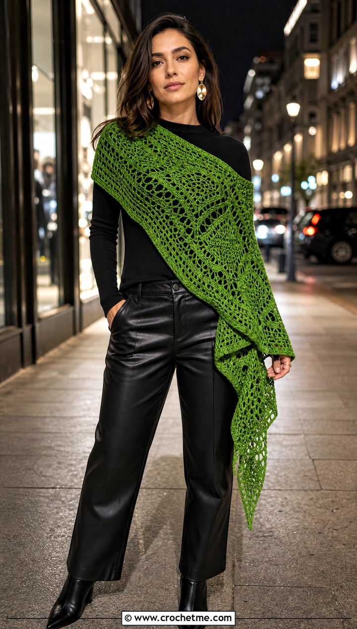 Asymmetrical Crochet Boho Shawl With Leather Pants - 30 crochet boho shawl outfit ideas