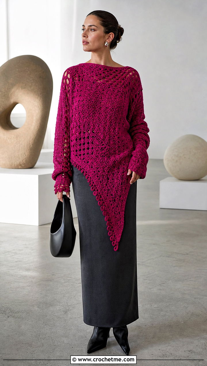 Asymmetrical Crochet Boho Sweater With Column Skirt - 30 crochet boho sweater outfit ideas