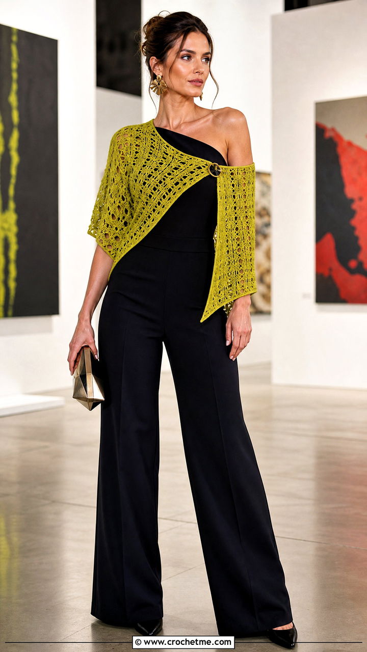Asymmetrical Crochet Bolero With One Shoulder Jumpsuit - 35 crochet shrug bolero outfit ideas