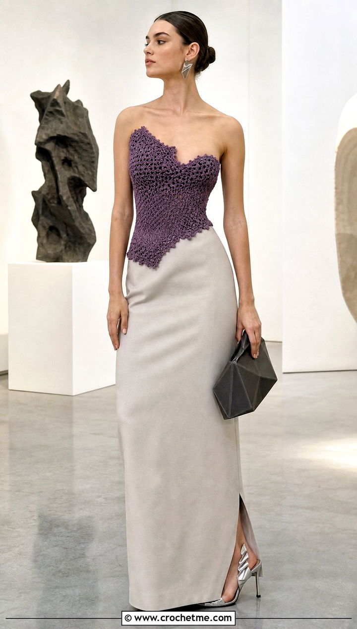 Asymmetrical Crochet Bustier With Tailored Maxi Skirt - 30 crochet bustier outfit ideas