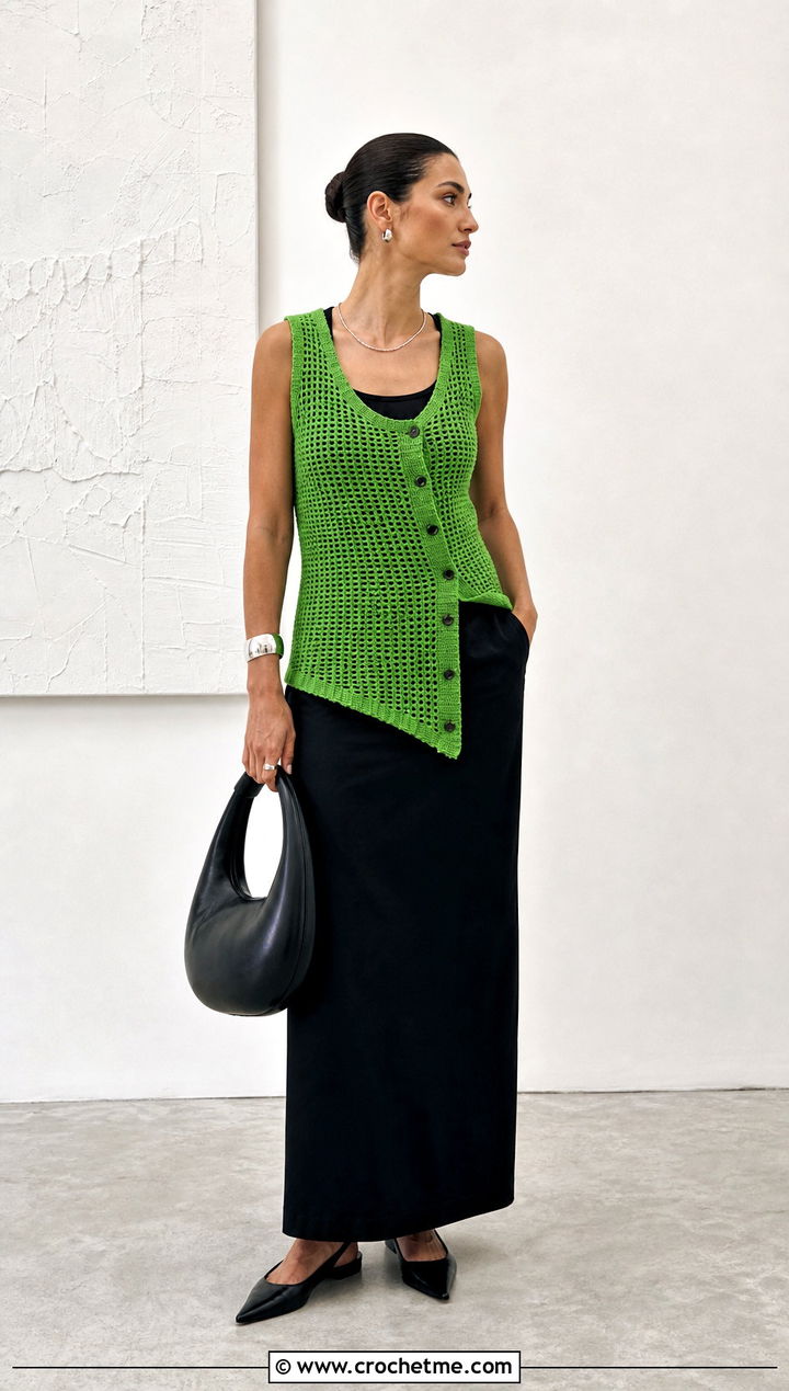 Asymmetrical Crochet Button Up Vest With Black Maxi Skirt - 25 Crochet Button Up Vest outfit ideas