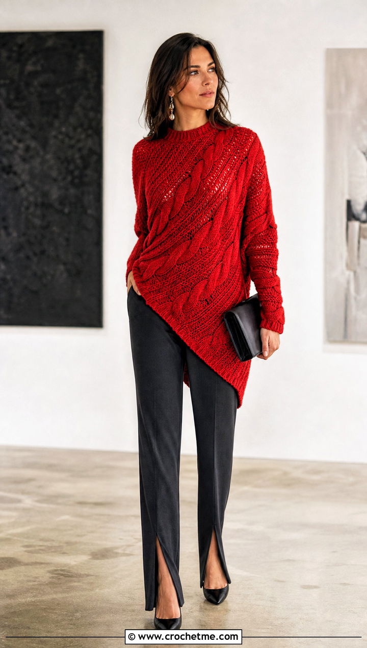 Asymmetrical Crochet Cable Sweater With Split Hem Pants - 30 crochet cable knit sweater outfit ideas