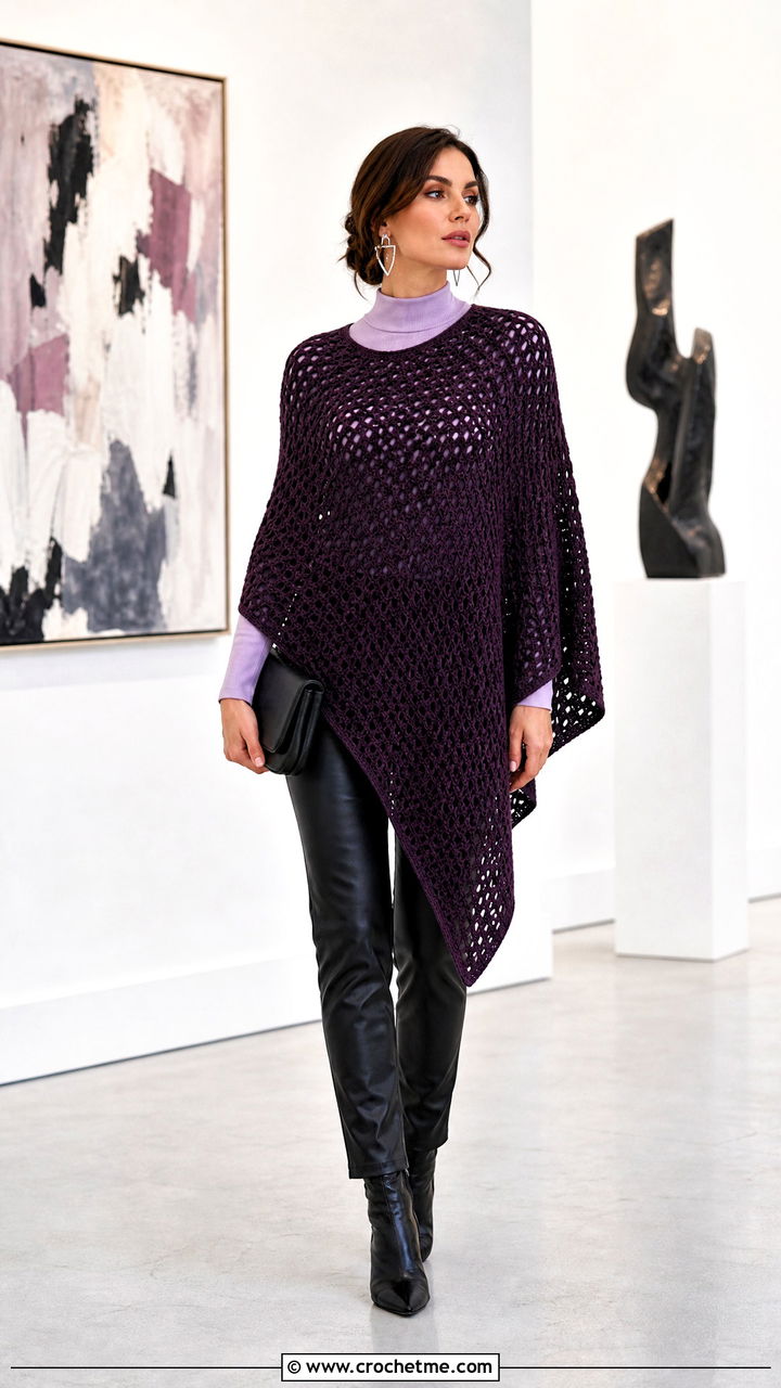 Asymmetrical Crochet Cape With Leather Pants - 35 crochet cape outfit ideas
