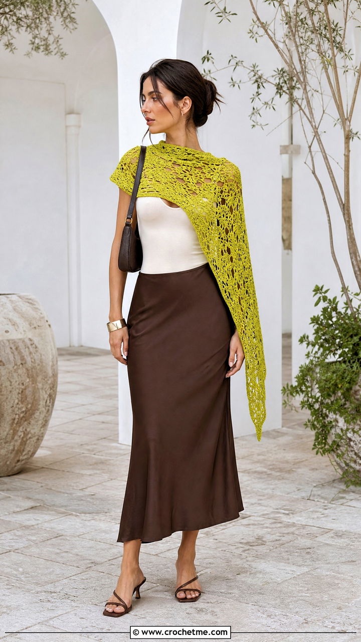 Asymmetrical Crochet Capelet With Bias Cut Skirt - 35 crochet capelet outfit ideas