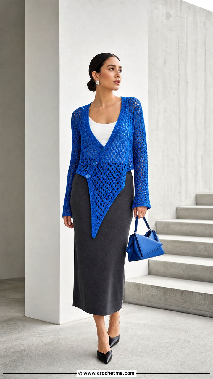 Asymmetrical Crochet Cardigan With Column Skirt - 35 crocheted cardigan outfit ideas