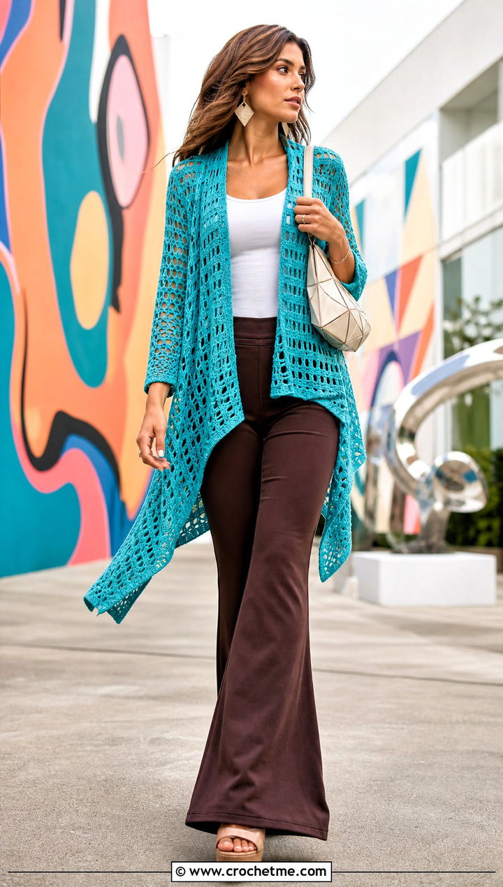 Asymmetrical Crochet Cardigan With Flared Pants - 30 long crochet cardigan outfit ideas