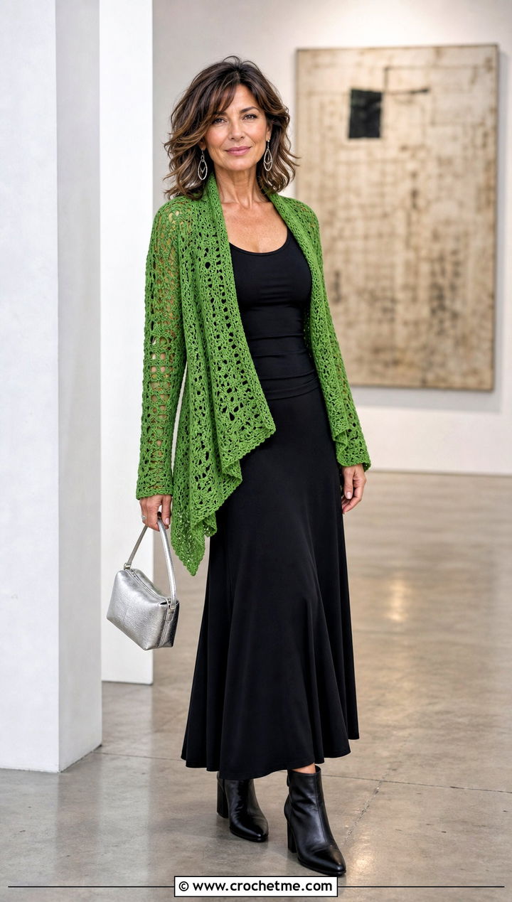 Asymmetrical Crochet Cardigan With Maxi Skirt - 25 long crochet sweater outfit ideas