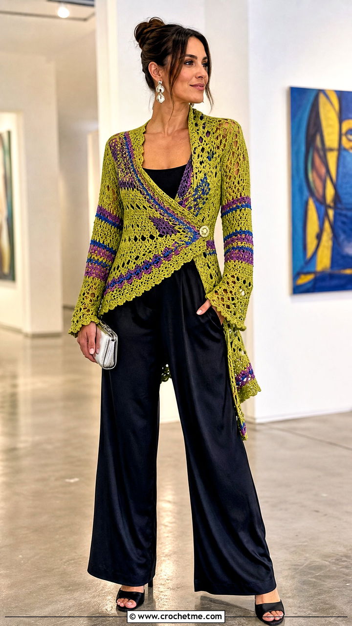 Asymmetrical Crochet Cardigan With Satin Pants - 35 crochet cardigans for women outfit ideas