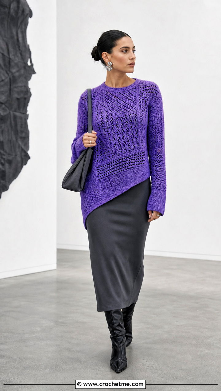 Asymmetrical Crochet Cashmere Sweater With Column Skirt - 30 crochet cashmere sweater outfit ideas