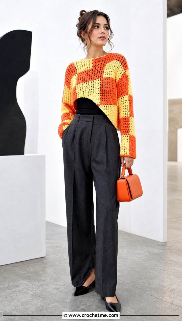 Asymmetrical Crochet Checker Sweater With Pleated Trousers - 25 Crochet Checker Sweater outfit ideas