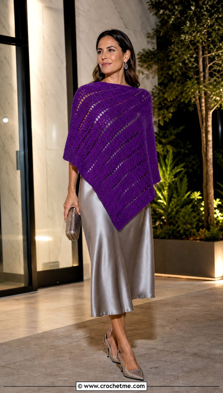 Asymmetrical Crochet Clint Eastwood Poncho With Satin Slip Dress - 15 Crochet Clint Eastwood Poncho outfit ideas