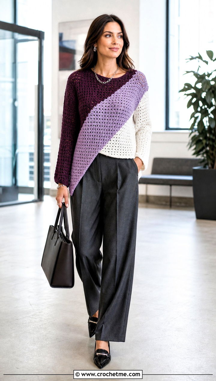 Asymmetrical Crochet Colorblock Sweater With Tailored Trousers - 30 crochet colorblock sweater outfit ideas