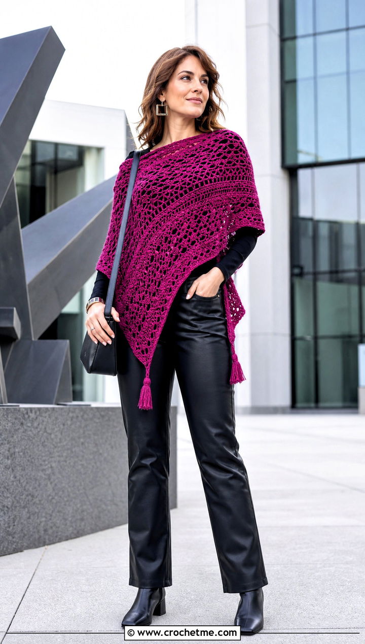 Asymmetrical Crochet Cotton Shawl With Leather Pants - 15 Crochet Cotton Shawl outfit ideas