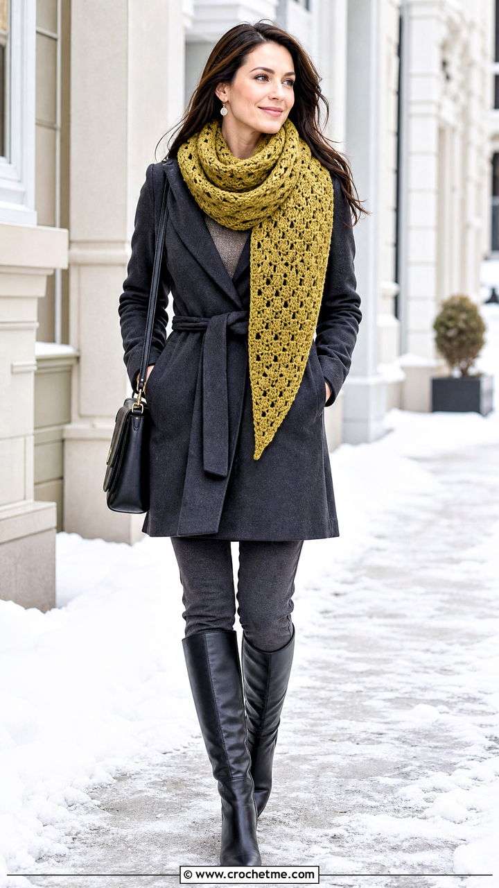 Asymmetrical Crochet Cowl Scarf With Wrap Coat - 35 crochet cowell scarf outfit ideas