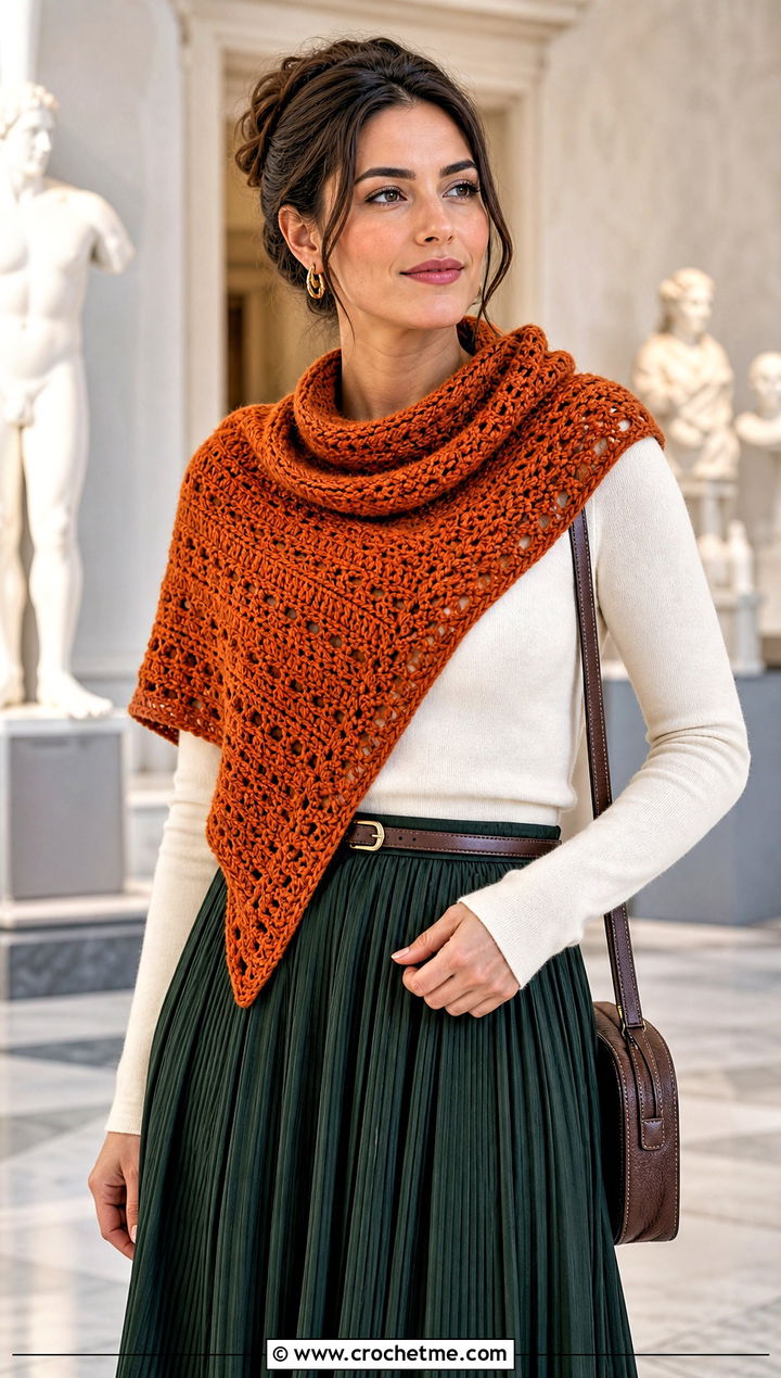 Asymmetrical Crochet Cowl Shawl With Pleated Skirt - 20 crochet cowl shawl outfit ideas