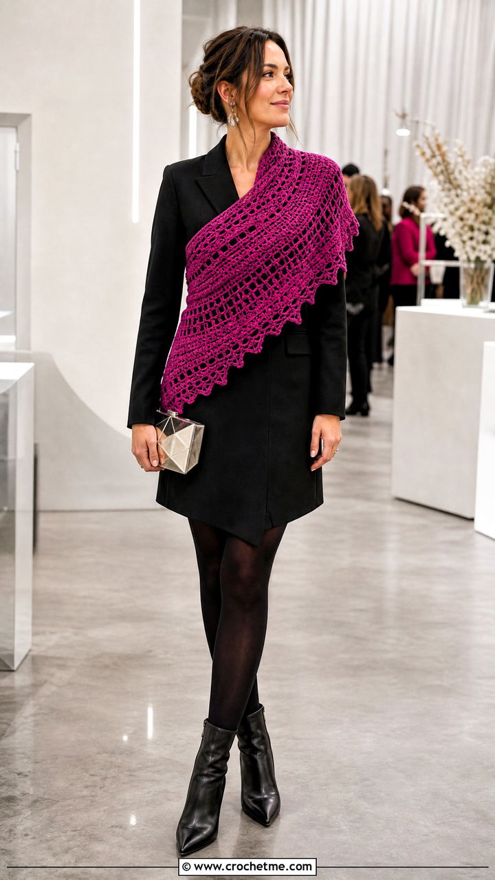 Asymmetrical Crochet Cowl With Blazer Dress - 35 crochet cowls outfit ideas