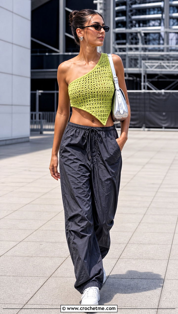 Asymmetrical Crochet Crop Top With Parachute Pants - 35 Cute Summer Crochet Tops outfit ideas