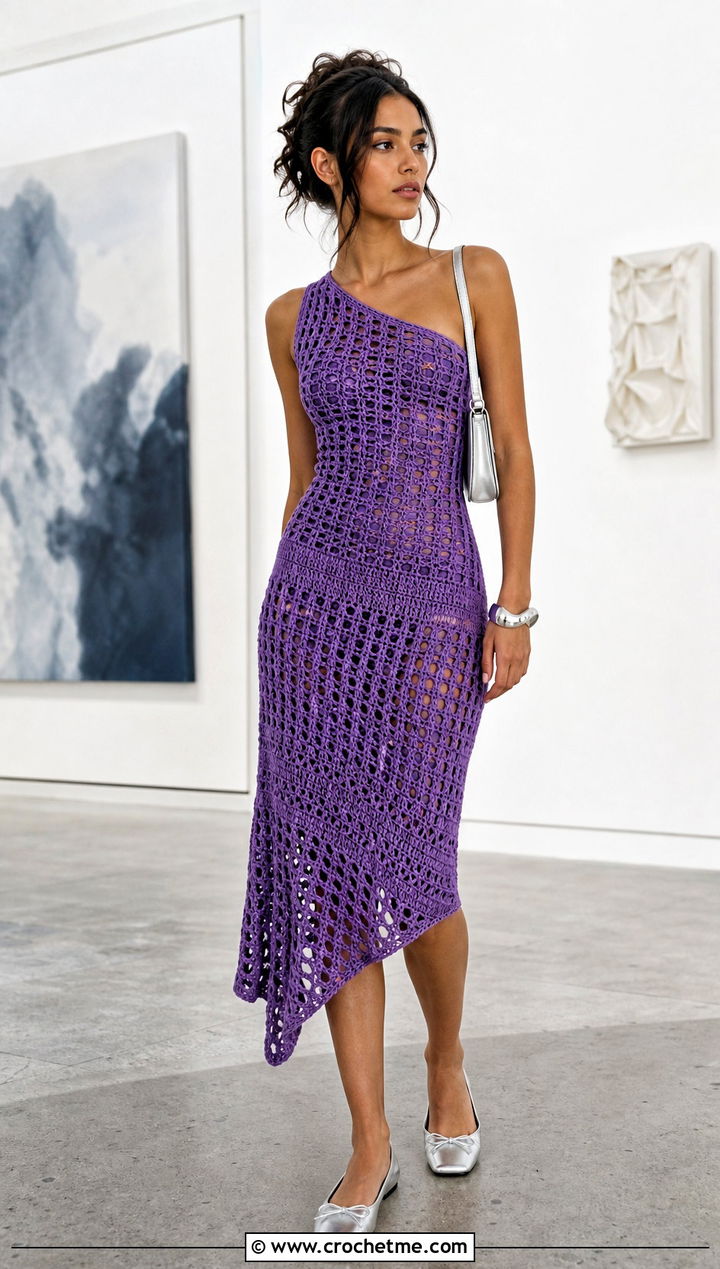 Asymmetrical Crochet Dress With Ballet Flats - 15 Boho Hippie Crochet Dress outfit ideas