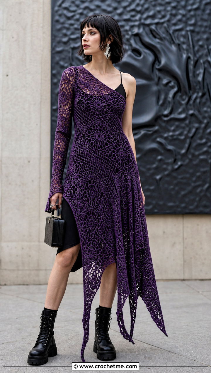Asymmetrical Crochet Dress With Combat Boots - 25 gothic crochet clothes and outfit ideas