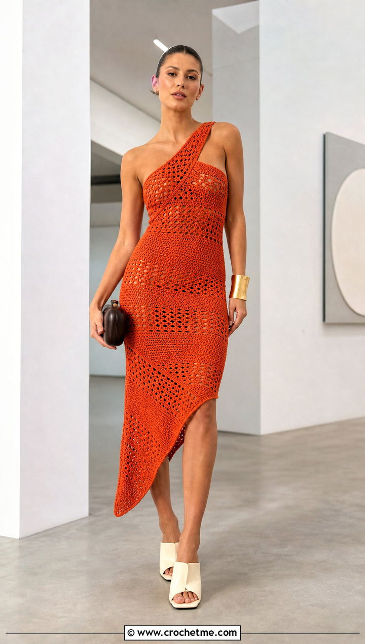 Asymmetrical Crochet Dress With Sculptural Heels - 35 cute crochet dress ideas