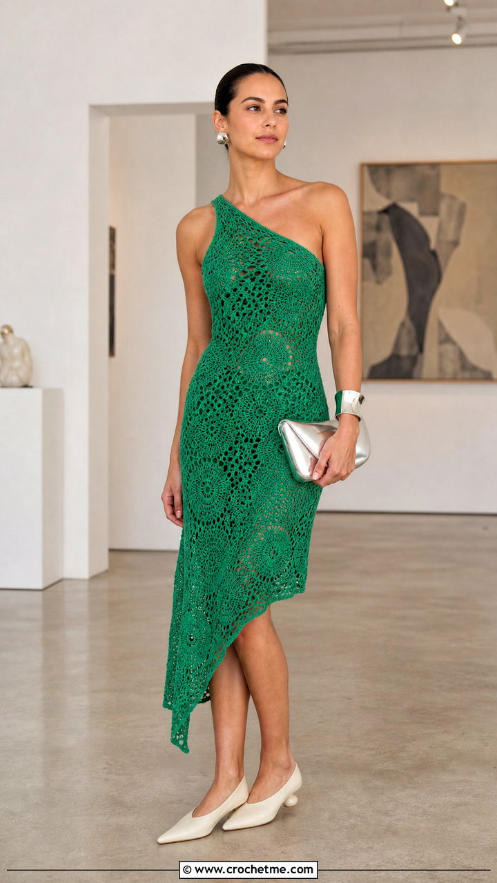 Asymmetrical Crochet Dress With Sculptural Heels - 35 crochet summer dress outfit ideas