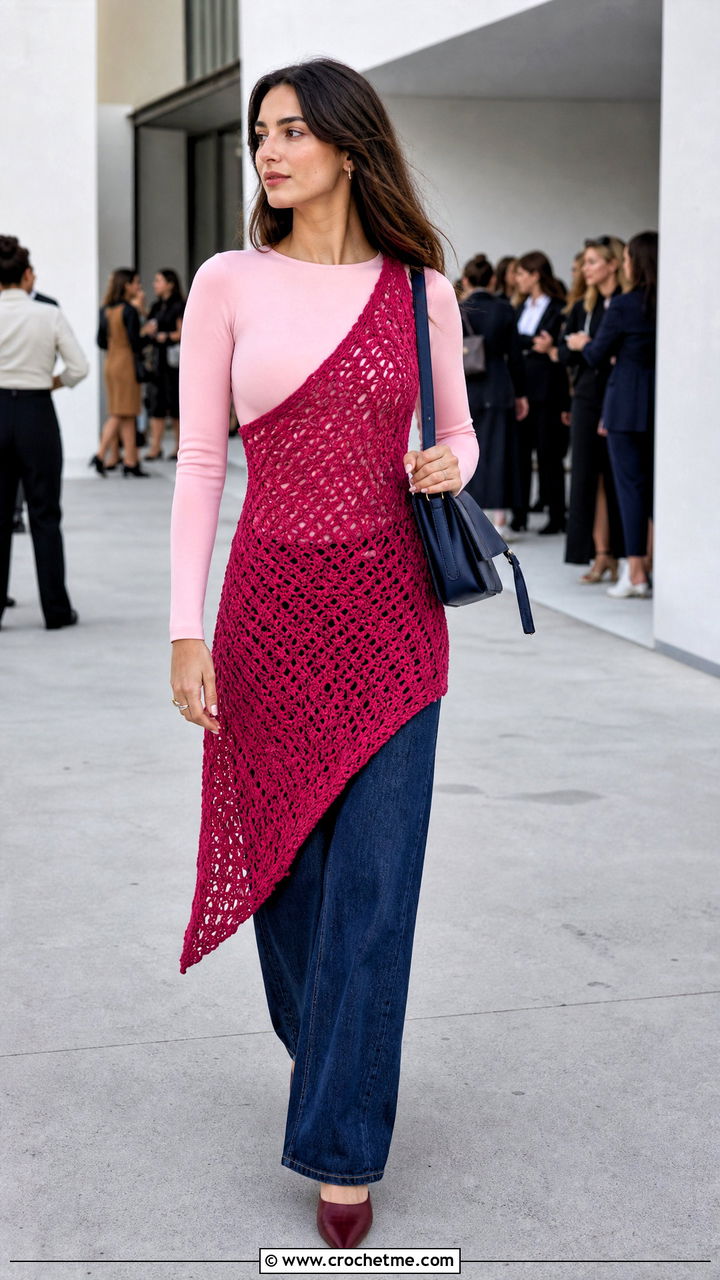 Asymmetrical Crochet Dress With Wide Leg Jeans - 35 crochet dress inspo outfit ideas